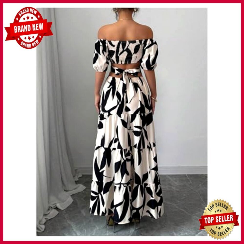 Off Shoulder Maxi Dress Cut Out Backless Ruffle Sleeve Shirred Summer Elegant - Picture 2 of 5